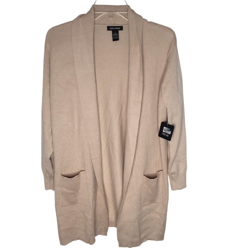 Select + Trend Sweater Womens 1X Light Oatmeal Open Front Cardigan Pockets Knit